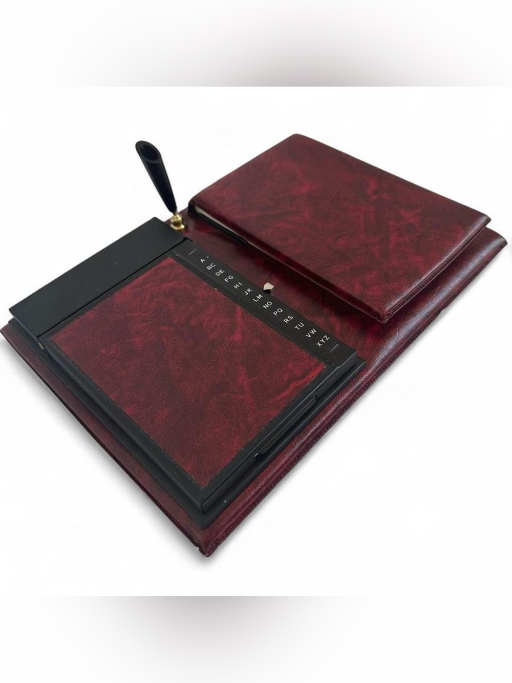 VTG MCM Burgundy Desk Organizer-Pen Holder Address Pop-Up Index & Memo Pad-Retro